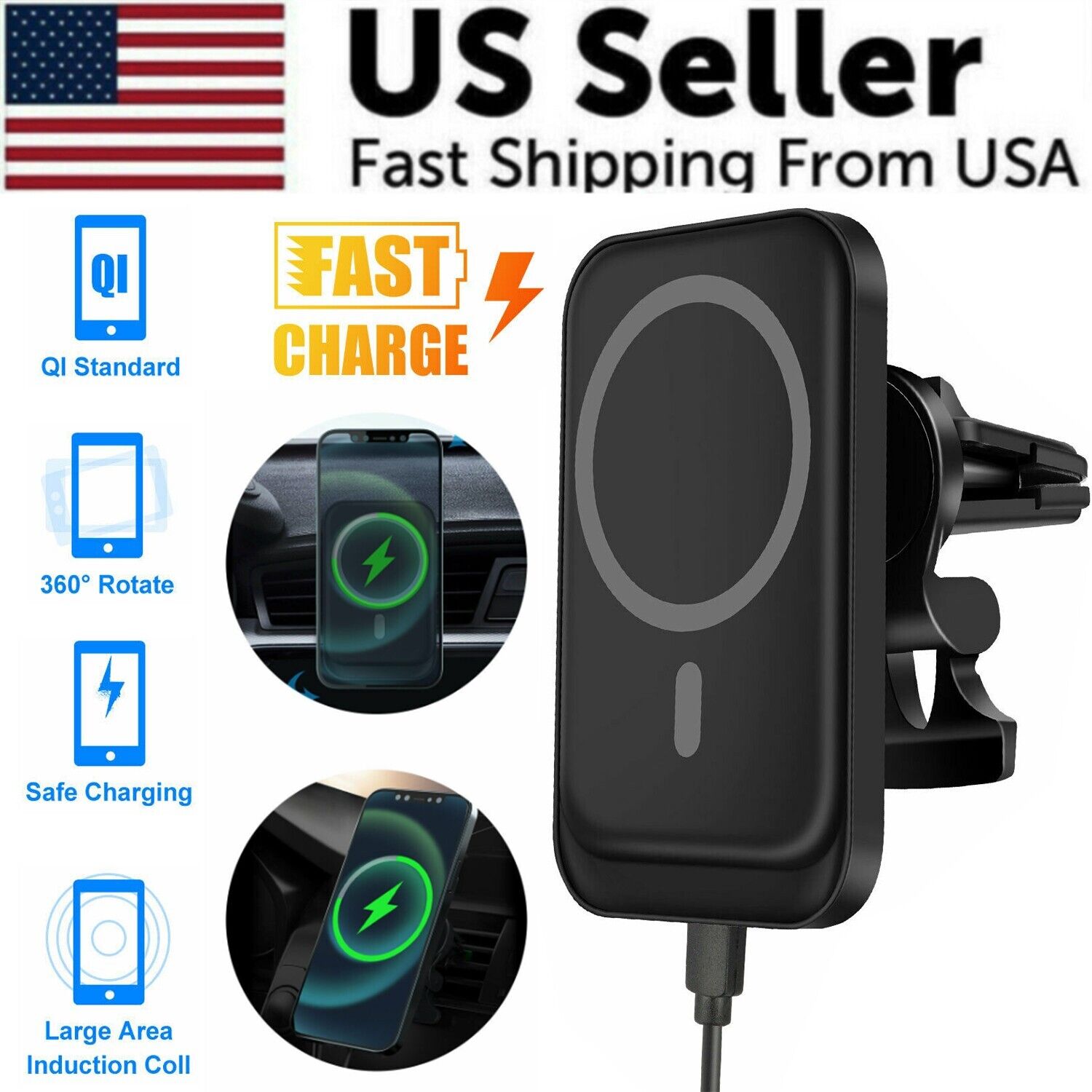 Magnetic Wireless Car Charger Mount – Fast Charging for iPhone 12–14 Pro Max